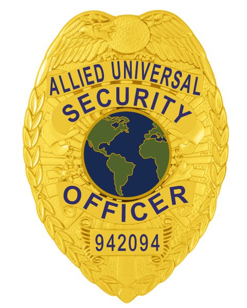 police badge Allied Universal Security Officer gold badge with blue text. Style # 2-c13