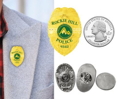 Rockie Hill Police Gold lapel pins with Green text. Style # 2-c13