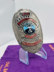 police badge Mashantucket Pequot Silver badge with red text. Style # 8-d13-4