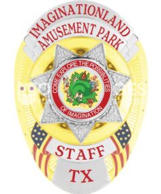 Oval Badge 7 Pointer Star Flags, 4 Text Panels 4 Badge cop imaginationland amusement park staff gold badge with start in the middle. Style # 11-f4
