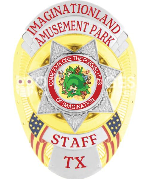 badge cop Imaginationland Amusement Park Staff gold badge with start in the middle. Style # 11-f4