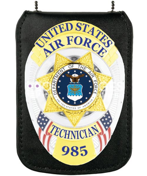 United States Air Force Technician Silver badge with blue text, star in the middle and on a leader holder. Style # 11-f4