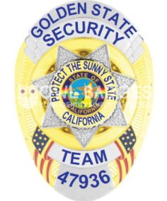 Oval Badge 7 Pointer Star Flags, 6 Text Panels 12 Golden state security protection officer gold badge with california state seal and seven pointed star. Style # 11-f5