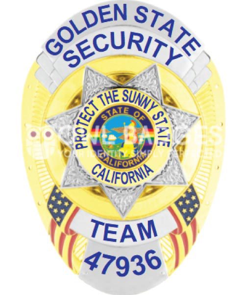 Golden State Security Protection Officer Gold badge with California state seal and seven pointed star. Style # 11-f5