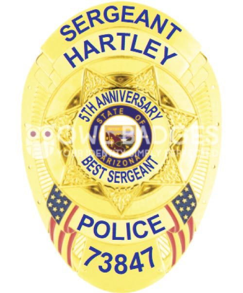 Hartley Police Department Best Sergeant Anniversary gold badge. Style # 11-f5