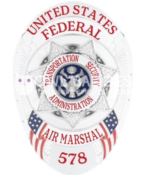 United States Federal Air Marshal silver badge with seven pointed start and red text. Style # 11-f5