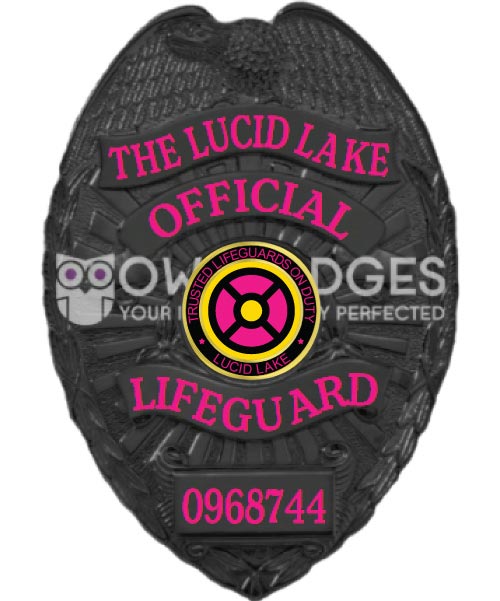 The Lucid lake Official Lifeguard Black badge with pink text. Style # 12-d17-2