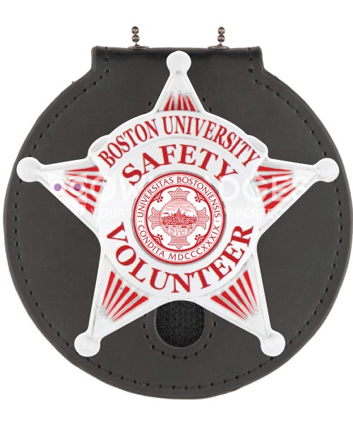 Police Badge holder a star shaped badge with red text