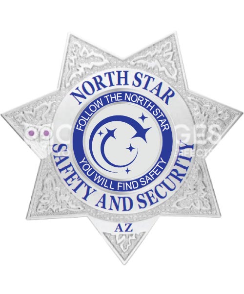 private security badge a white star with blue text