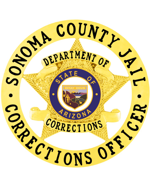Corrections Officer gold badge with star in the middle and circle around it. a gold star with blue and yellow text