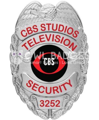 CBS Studios Television security silver badge with red text. Style# 2-c10-2