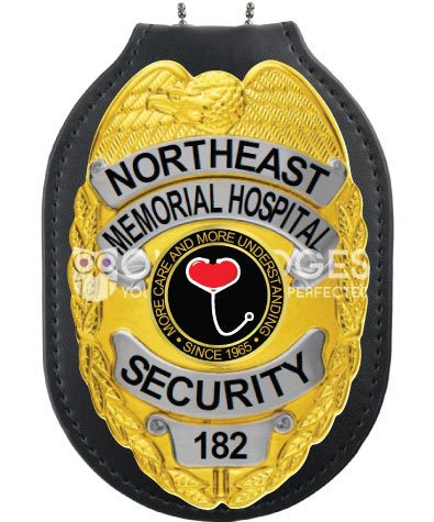 security officer Northeast Memorial Hospital security Gold badge on leader holder. Style # 2-c10-2