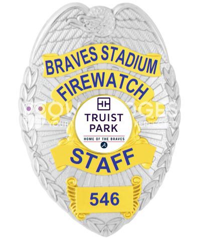 Braves Stadium Firewatch Staff silver badge with white center seal and blue text. Style # 2-c12-4