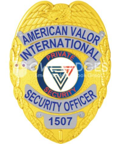 American Valor International Security Officer gold badge with blue text. Style # 2-c12