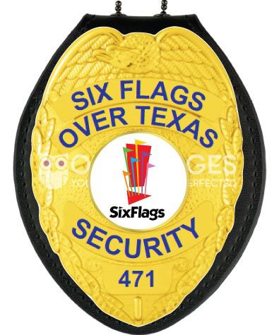 security officer Six flags over Texas Security gold Badge with white center seal and blue text. Style # 2-c12