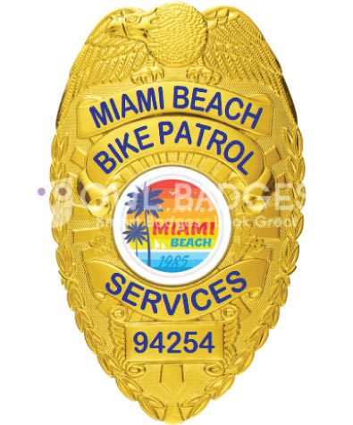 Miami Beach Bike Patrol gold badge with blue text. Style # 2-c13-2