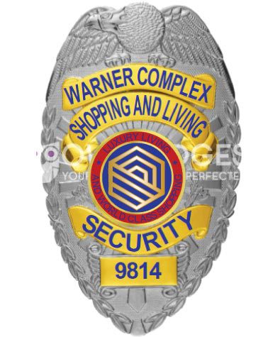 warner Complex Shopping and Living Security Silver badge with gold panel. Style # 2-c13-2