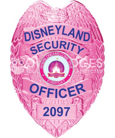 police Badge Disneyland Security Officer Pink Badge with Blue Text. Style # 2-c13-3