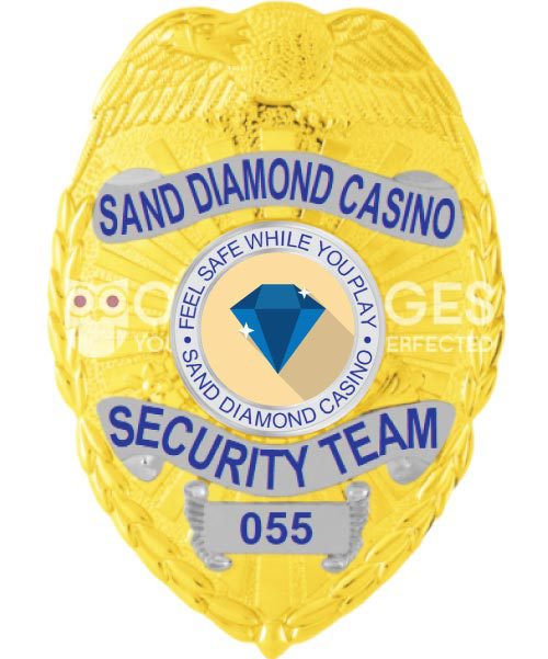 Sand Diamond Casino Security Team Gold Badge with blue text. Style # 2-c13-4