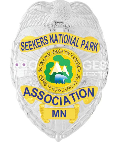 Seekers National Park Association Silver Badge with blue text. Style #2-c13-4