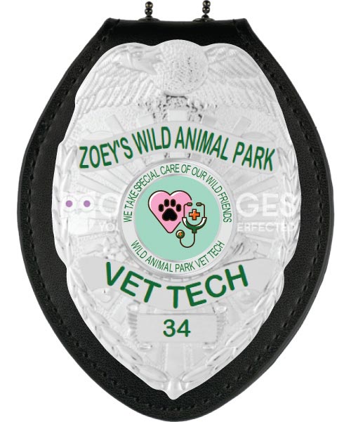 Zoey's Wild Animal Park Vet Tech Silver badge with green text. Style # 2-c13-4