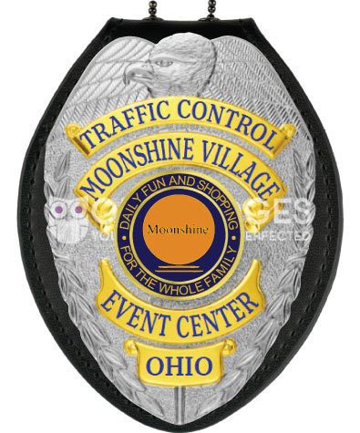 Moonshine Village Traffic Control Silver Badge with Blue text. Style # 2-c14-2