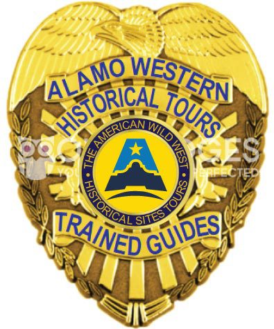 Alamo Western Historical Tours Trained guides gold badge with blue text. Style # 2-d2