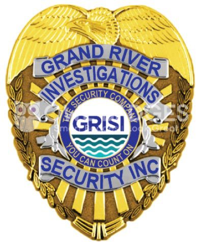 Grand River Investigations Security gold badge with blue and white center seal. Style # 2-d2