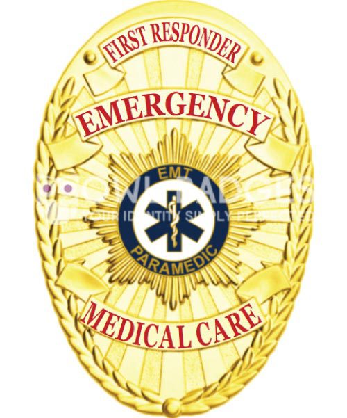 First Responder emergency medical care gold badge a close-up of a badge