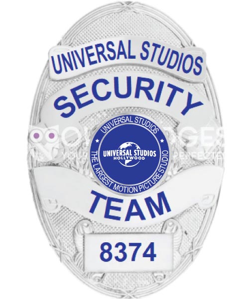 security guard badge universal Studios security team a white badge with blue text