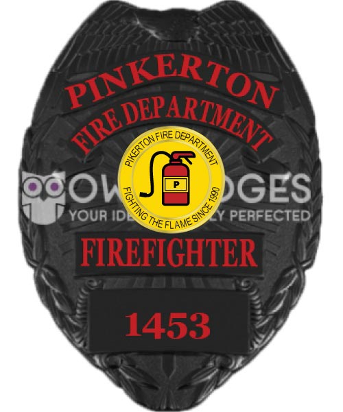 Pinkerton Fire Department Black Badge with red text. Style # 3-B2