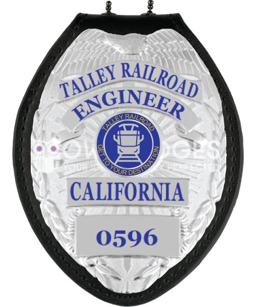 Talley RailRoad Engineer California Silver Badge with blue text. Style 3-B2