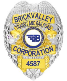 Brickvalley transit and railroad corporation silver badge with blue text. Style #3-c11-2