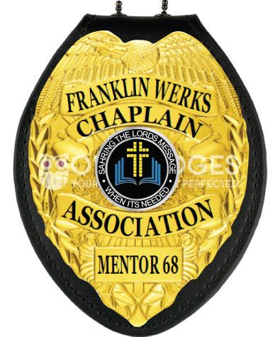 Franklin Werks Chaplain Association gold badge with a black leather band. Style # 3-c11
