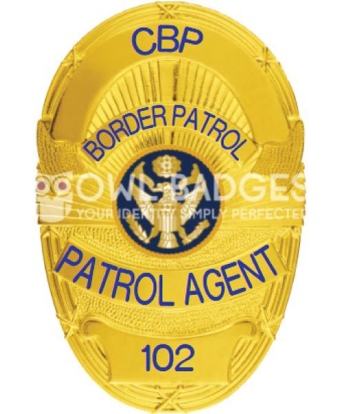 a yellow badge with blue text