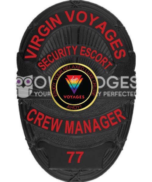 Virgin Voyages security Escort Black badge with red text. Style # 5-d10