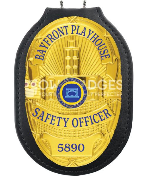 Bayfront Playhouse safety Office gold badge with blue text. Style # 7-d12