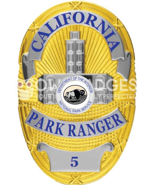 California Park Ranger gold badge with blue text. Style # 7-d12