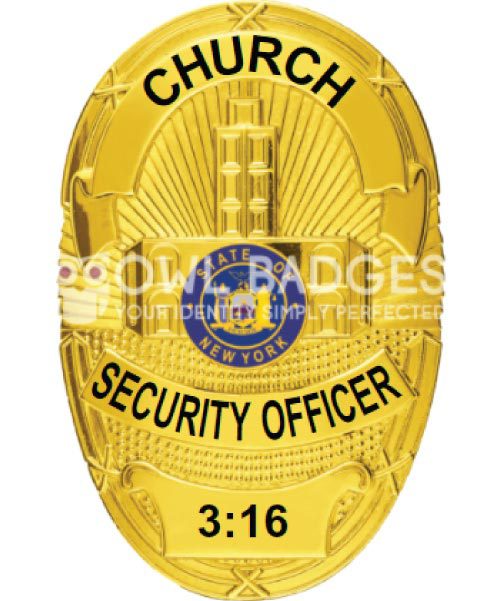 security badges a gold badge with black text