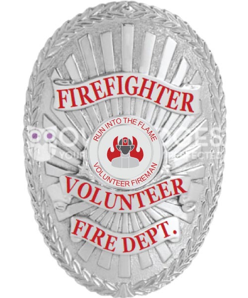 fire department badge Firefighter Volunteer Fire department Silver Badge with red text. Style # 8-d13-2