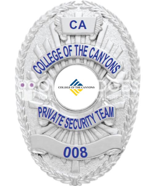 College of the Canyons Private Security Team Silver badge with blue text. Style # 8-d13-4