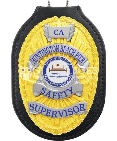 Huntington Beach Pier Safety Supervisor Gold badge with blue text. Style # 8-d13-4