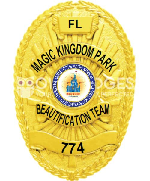 Magic Kingdom Park Gold badge with black text. Style # 8-d13-4