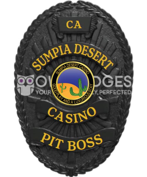 Sumpia Desert Casino Black badge with gold text . Style # 8-d13-4