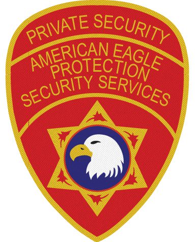 Embroidered patches for clothes American Eagle protection security services with Red background and gold text. a patch of a security badge