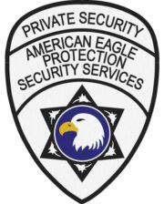 Embroidered patches for clothes American Eagle protection security services with white background and black text. a patch of a security badge