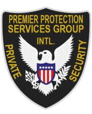 Custom iron on patch Premier protection services group private security a black shield with gold text and a white eagle patch