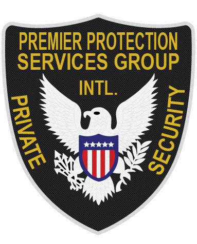 Custom iron on patch Premier protection services group private security a black shield with gold text and a white eagle patch