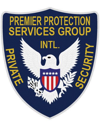 Custom iron on patch Premier protection services group private security a blue shield with white text and a white eagle patch with a white eagle and yellow text