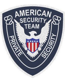 Sewn patches American Security Team Private security patch navy blue and white text patch with a bird and a shielda close-up of a logo